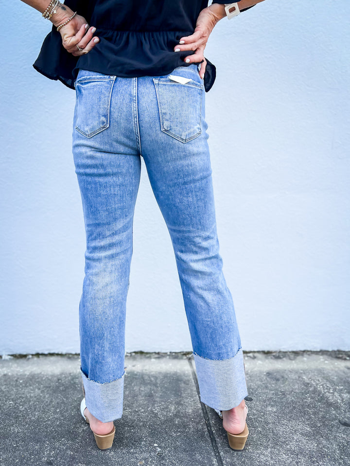 High Rise Ankle Straight Wide Cuffed Jeans