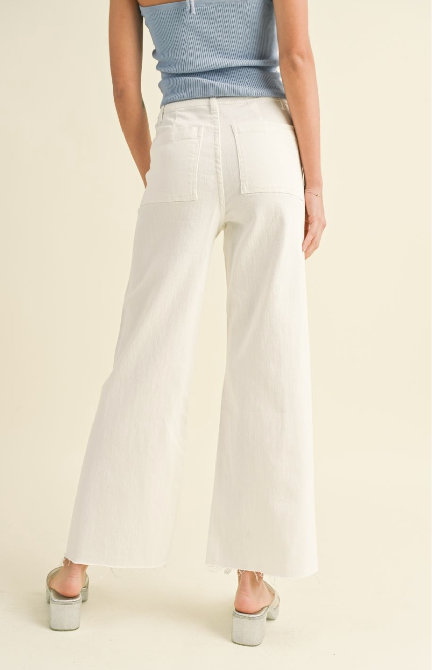 Person wearing white wide-leg pants and a light blue top on a beige background