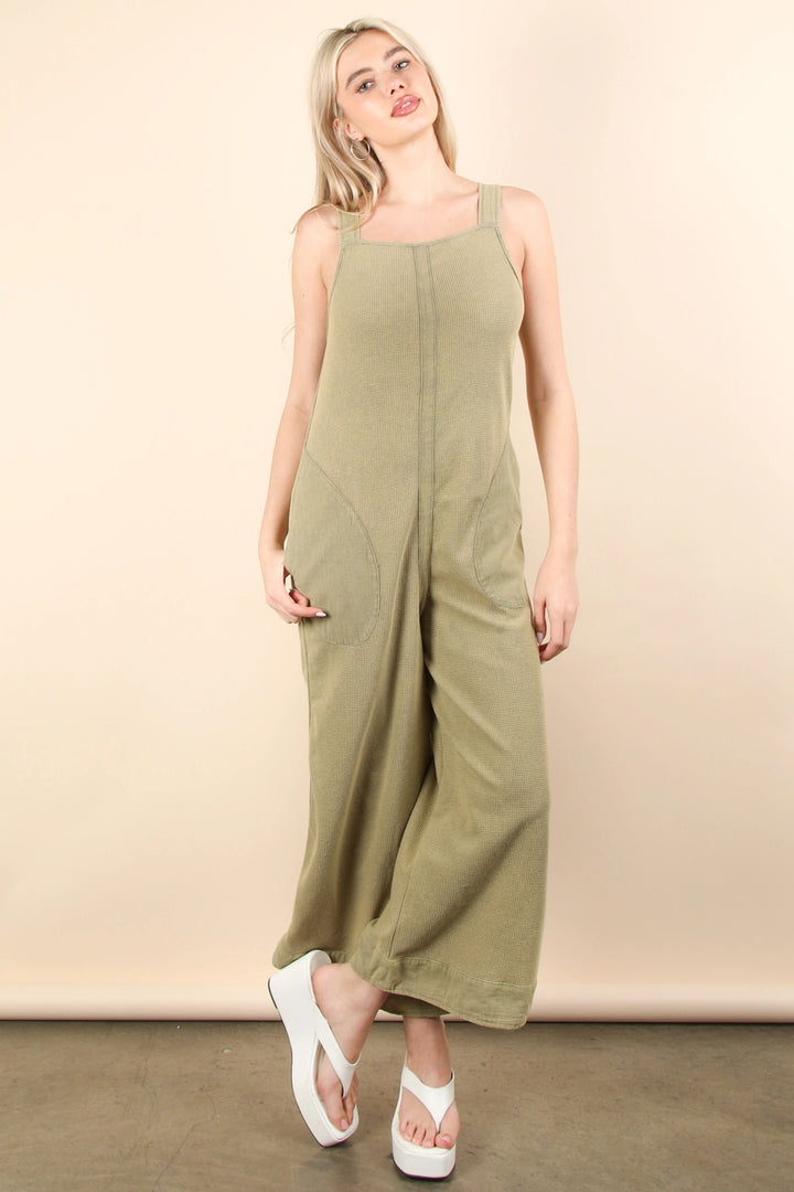 Laid-Back Luxe Waffle Knit Jumpsuit – Olive