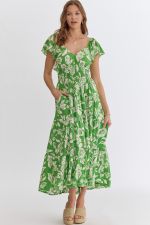 One Moment In Time Floral Flutter Sleeve Cutout Midi Dress - Green