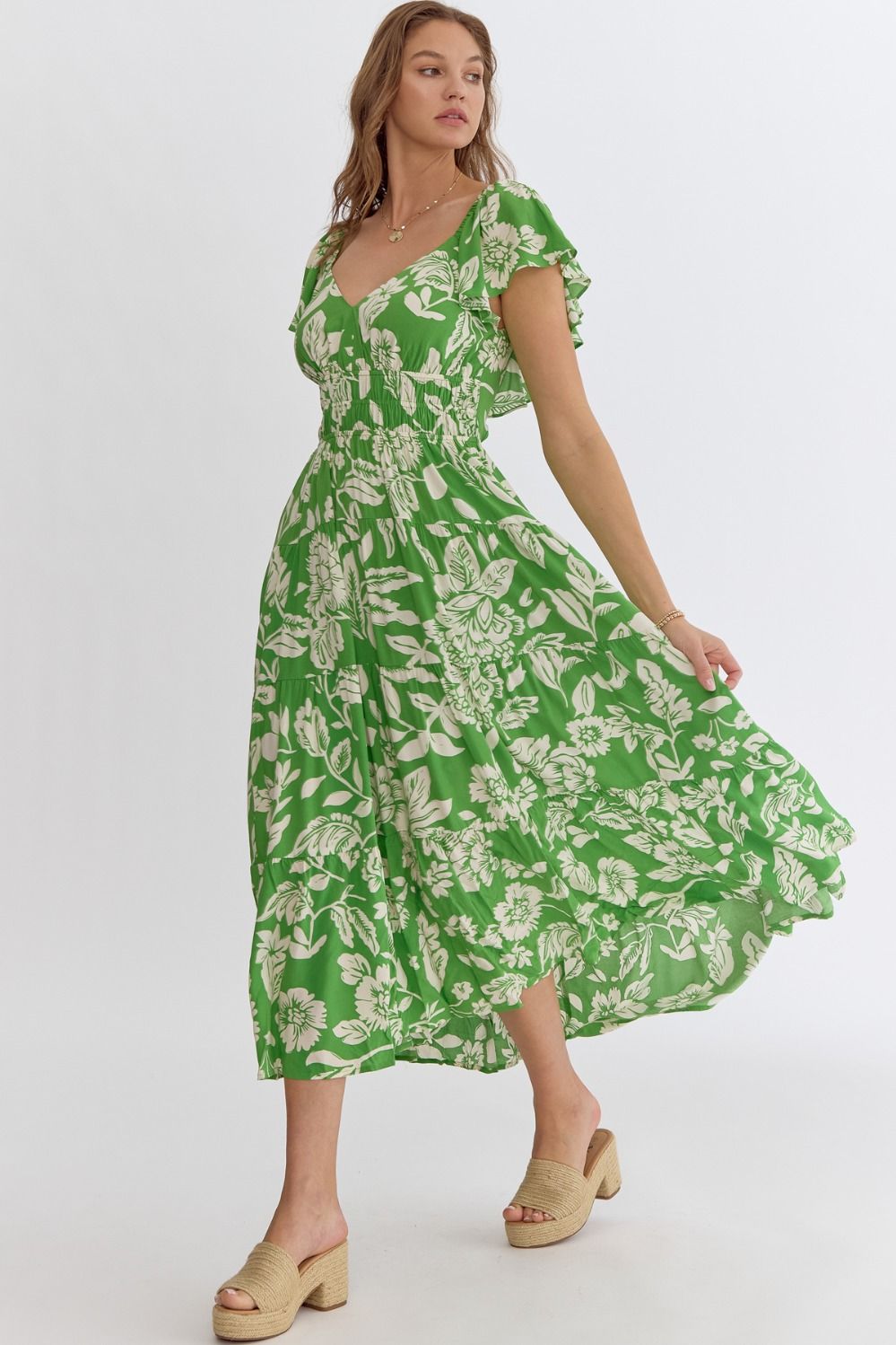 One Moment In Time Floral Flutter Sleeve Cutout Midi Dress - Green