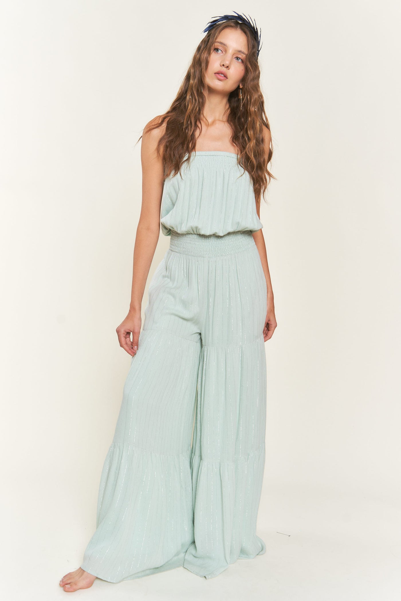 Happy Dance Lurex Smocked Retro Jumpsuit - Mint