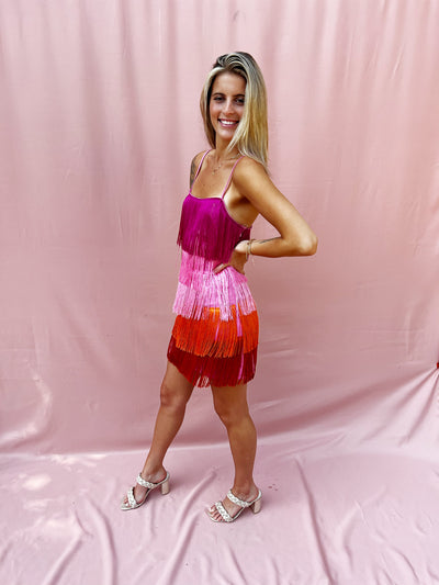 Ombre Fringe Mini Dress - Pink Multi