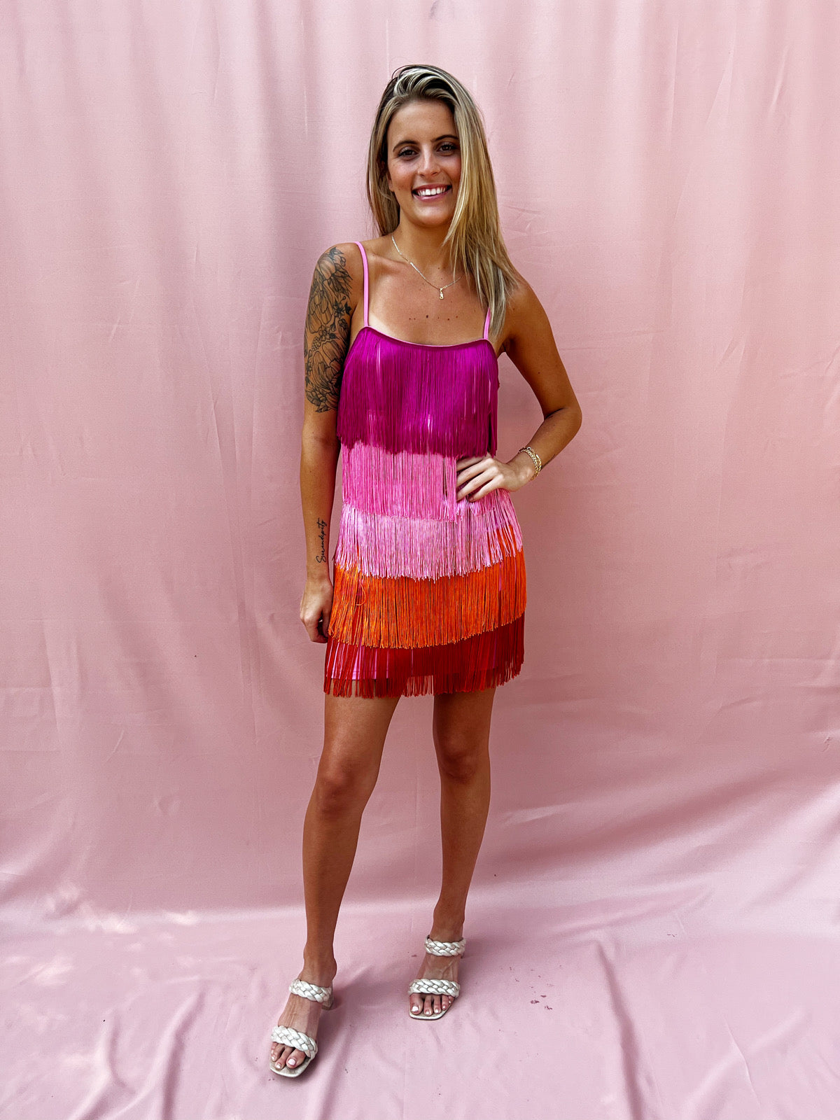 Ombre Fringe Mini Dress - Pink Multi