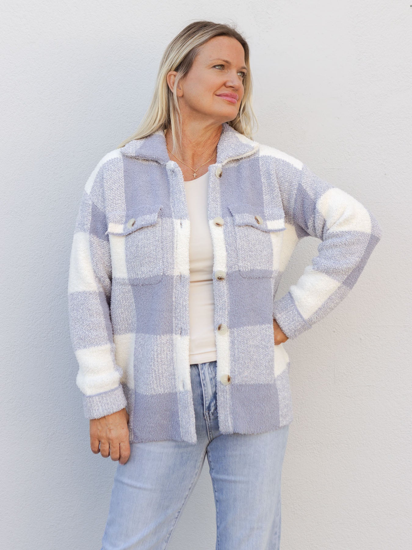 Be There For You Check Pattern Shacket Sweater - Dusty Blue