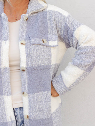 Be There For You Check Pattern Shacket Sweater - Dusty Blue