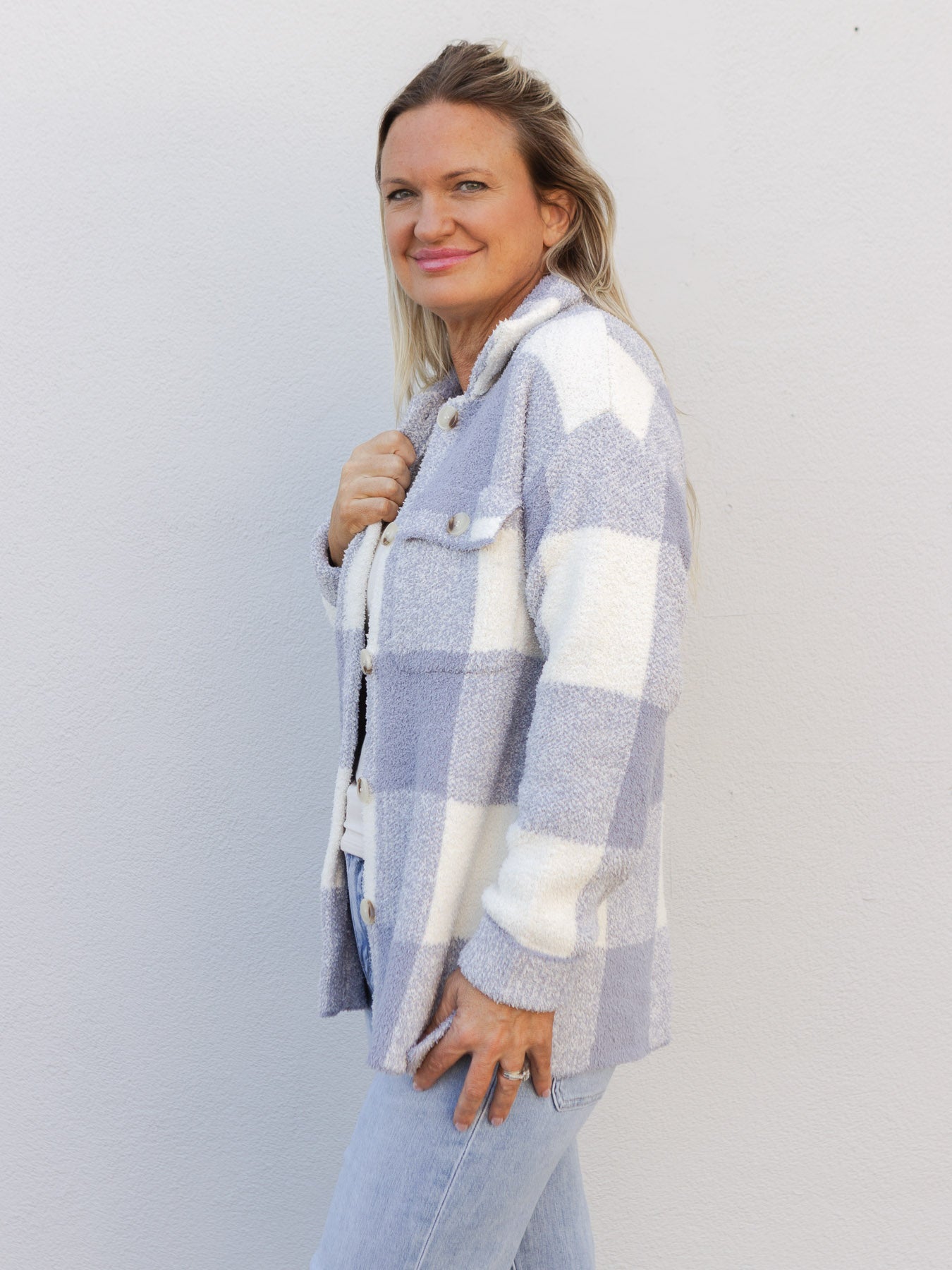 Be There For You Check Pattern Shacket Sweater - Dusty Blue