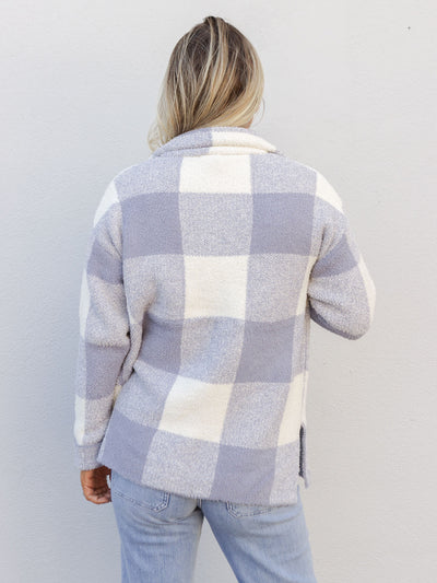 Be There For You Check Pattern Shacket Sweater - Dusty Blue