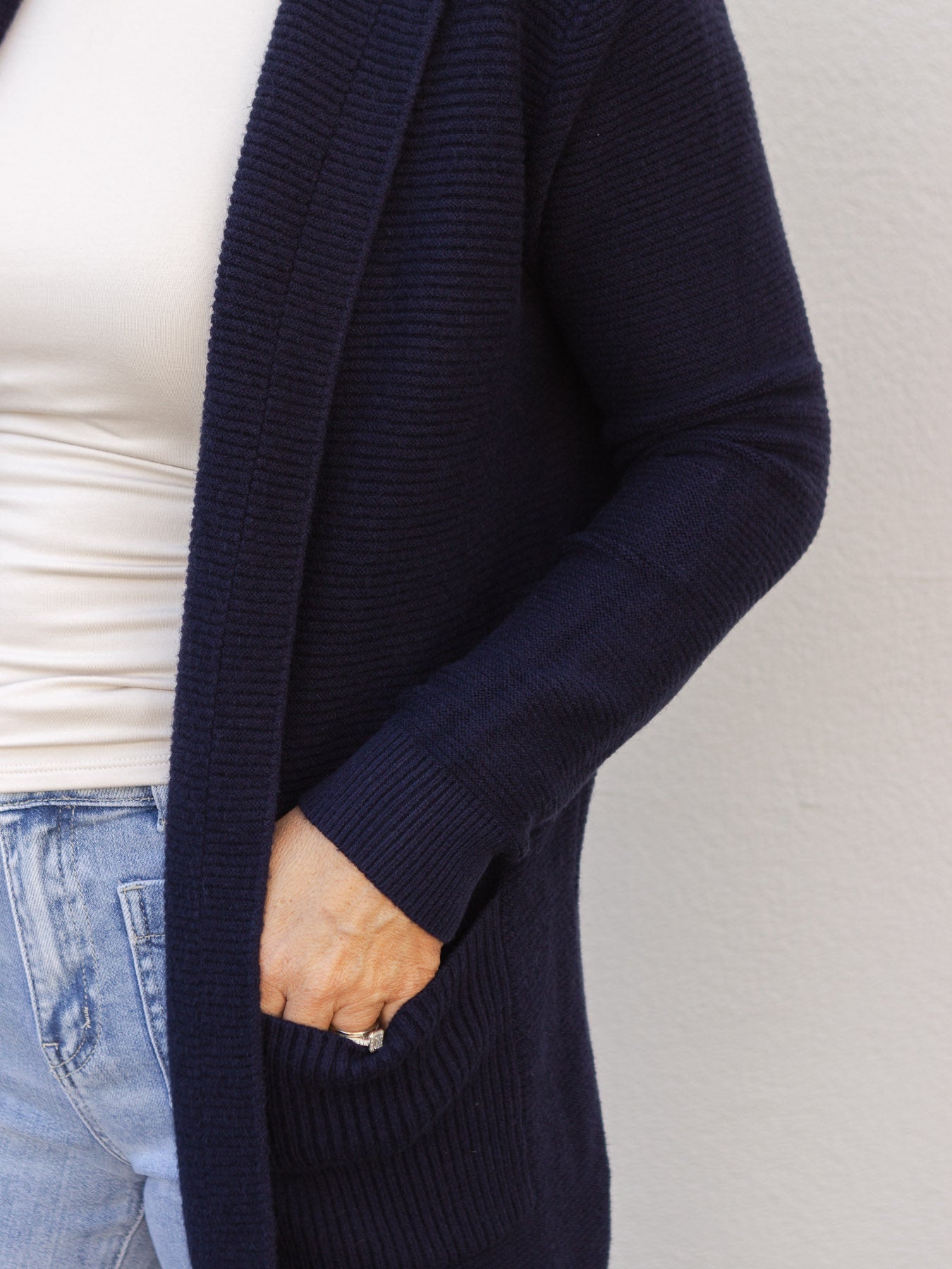 Moving On Ribbed Open Knit Hooded Cardigan Sweater - Navy