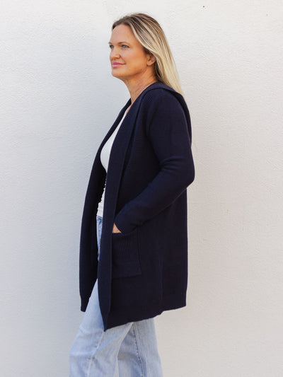 Moving On Ribbed Open Knit Hooded Cardigan Sweater - Navy