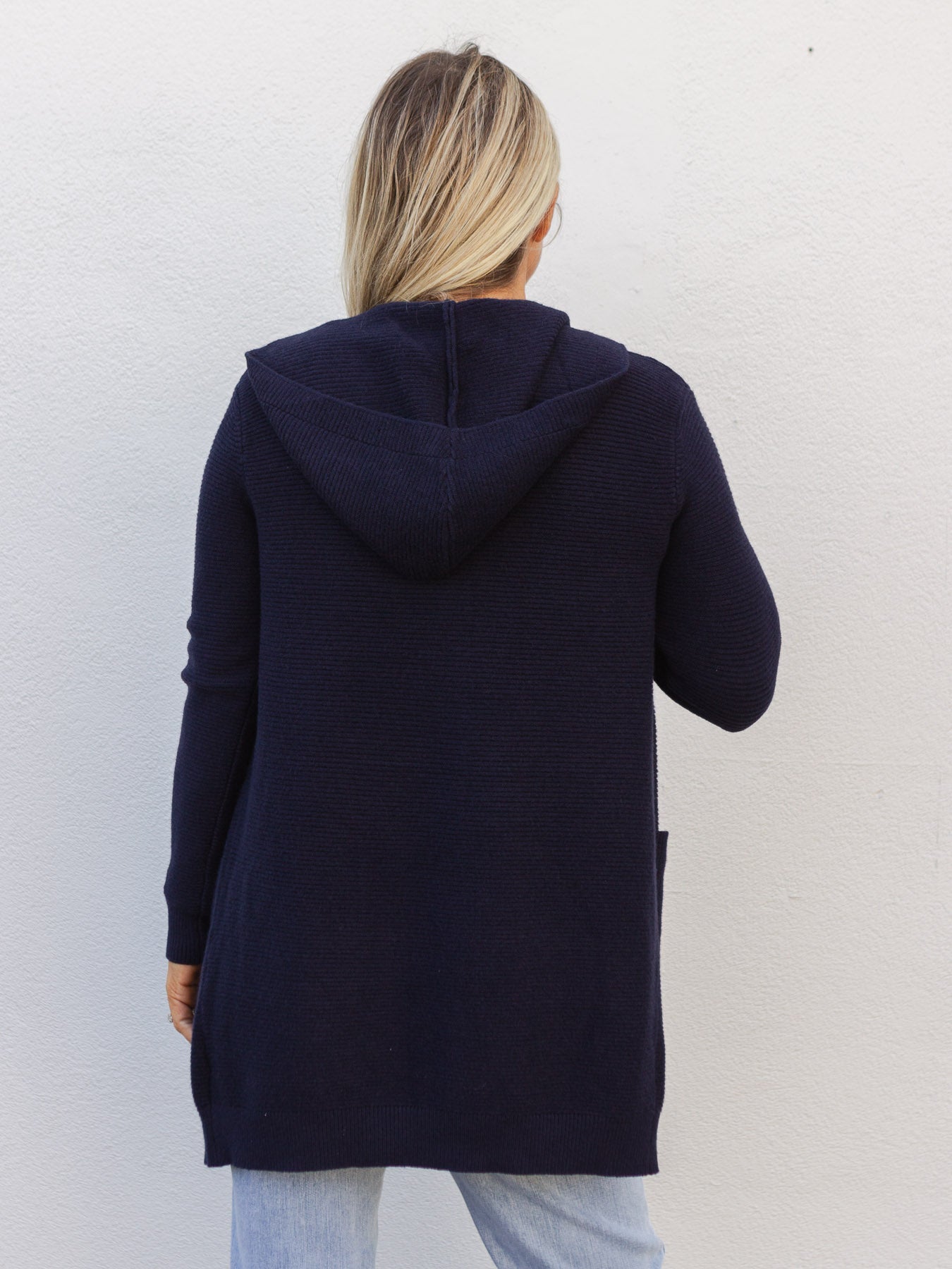 Moving On Ribbed Open Knit Hooded Cardigan Sweater - Navy