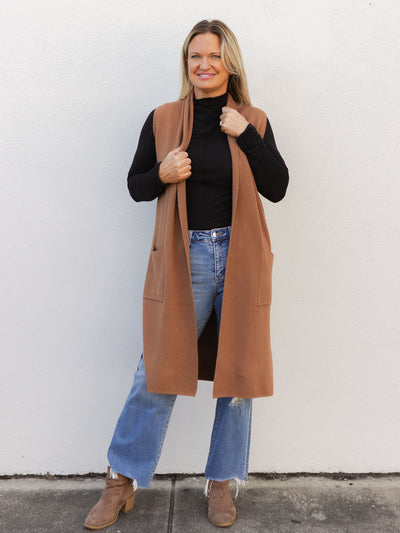 By The Fireplace Sleeveless Open Knit Cardigan - Camel