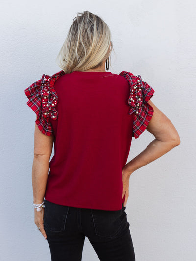 Festive Flair Garnet Plaid Ruffle Sleeve Top