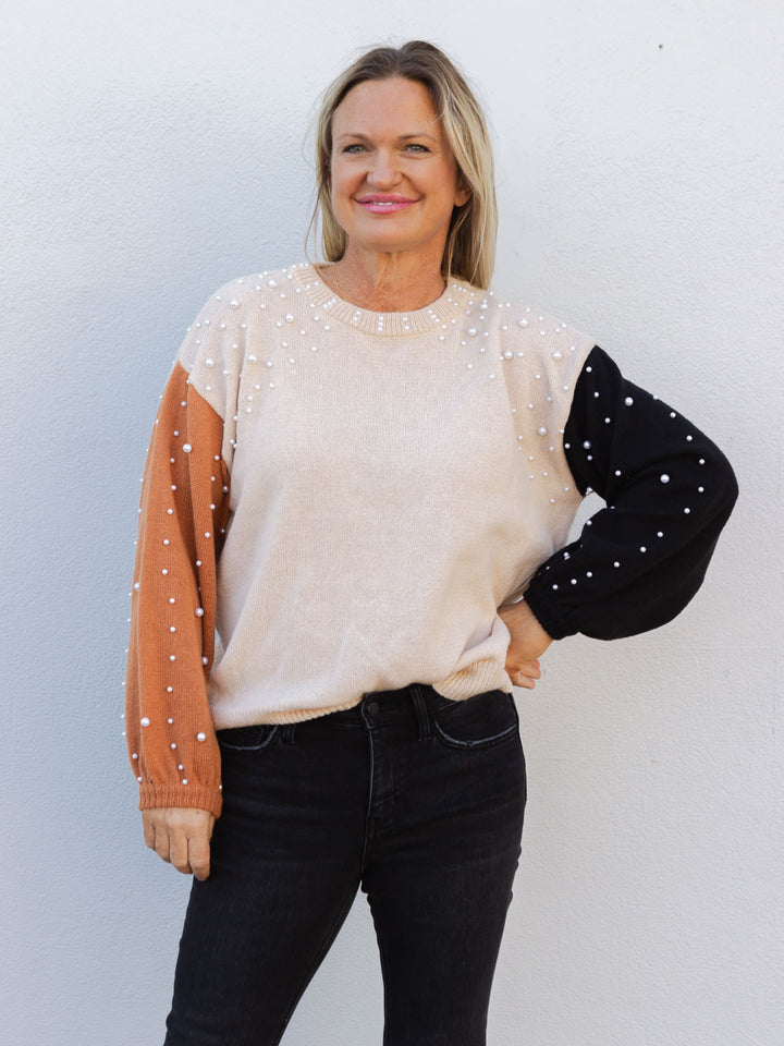 A Pearly Affair Pearl Beaded Color Block Sweater