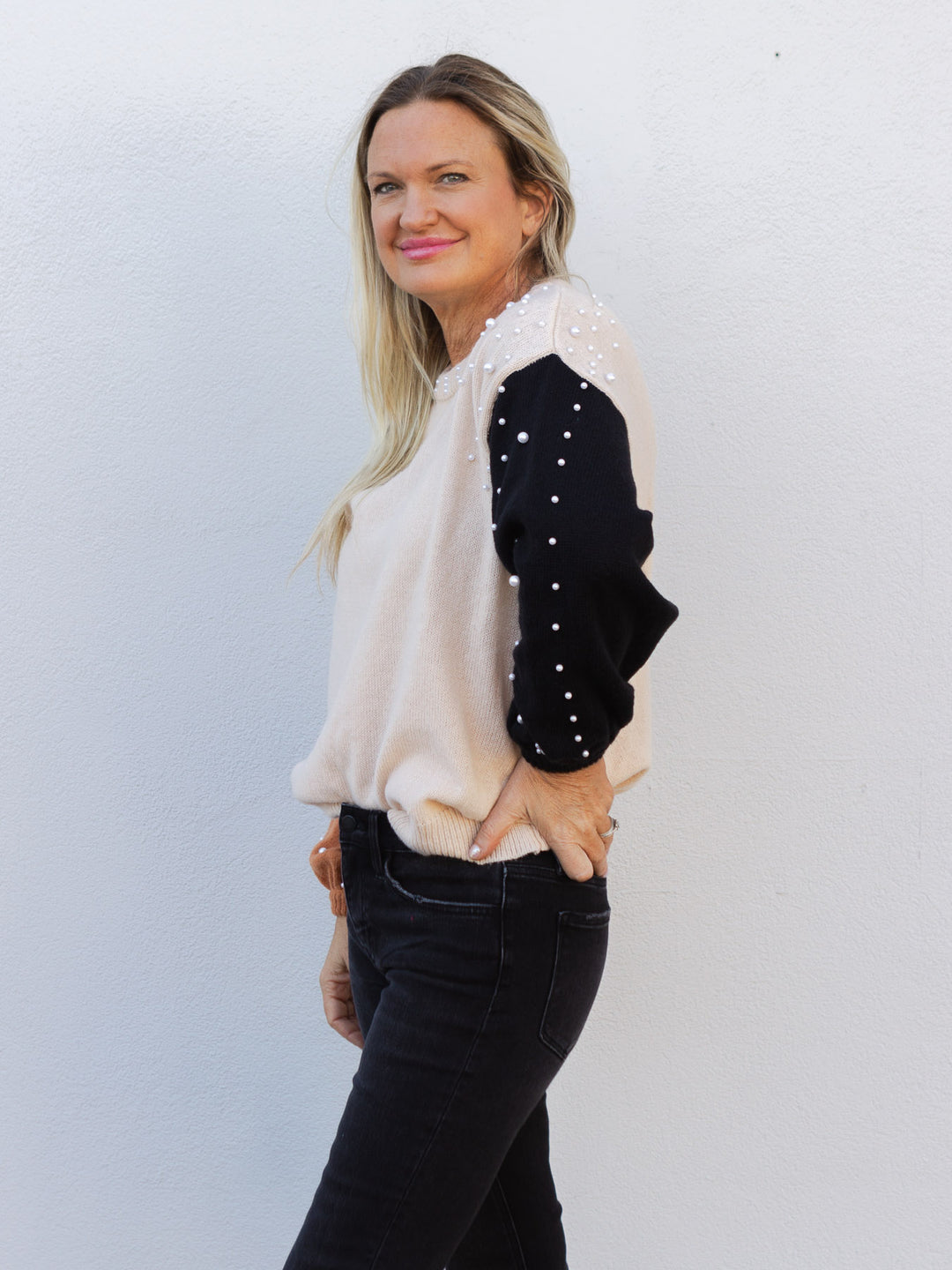 A Pearly Affair Pearl Beaded Color Block Sweater