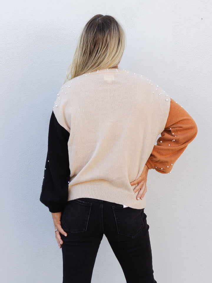 A Pearly Affair Pearl Beaded Color Block Sweater