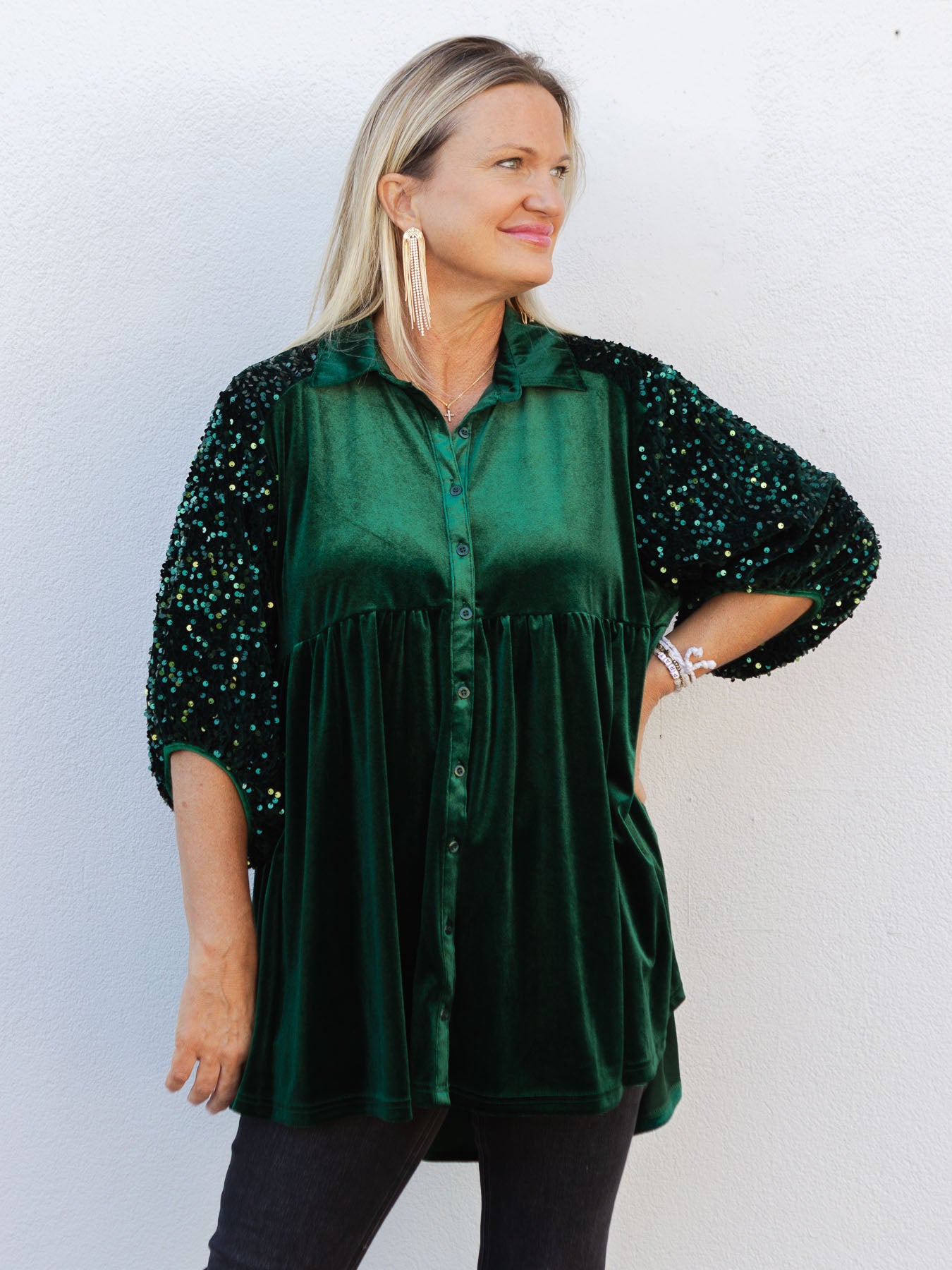 Feeling Festive Velvet Sequins Contrast Tiered Tunic Dress