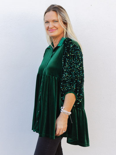 Feeling Festive Velvet Sequins Contrast Tiered Tunic Dress