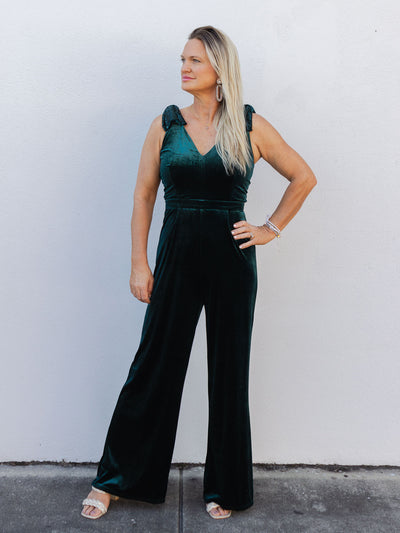 Standing Out Velvet V-Neck Jumpsuit - Emerald