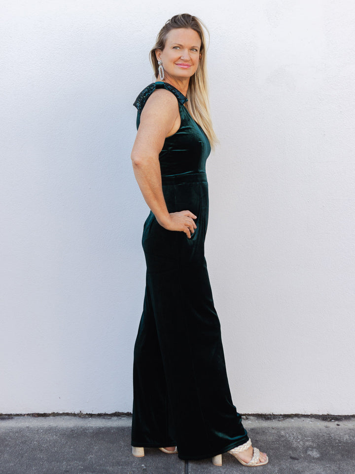 Standing Out Velvet V-Neck Jumpsuit - Emerald