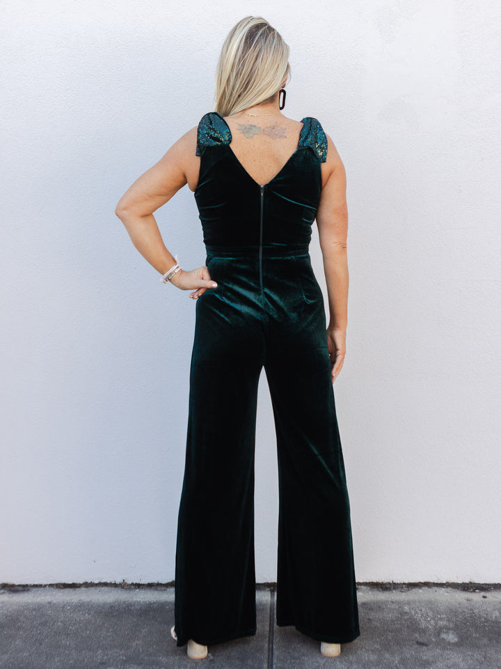 Standing Out Velvet V-Neck Jumpsuit - Emerald