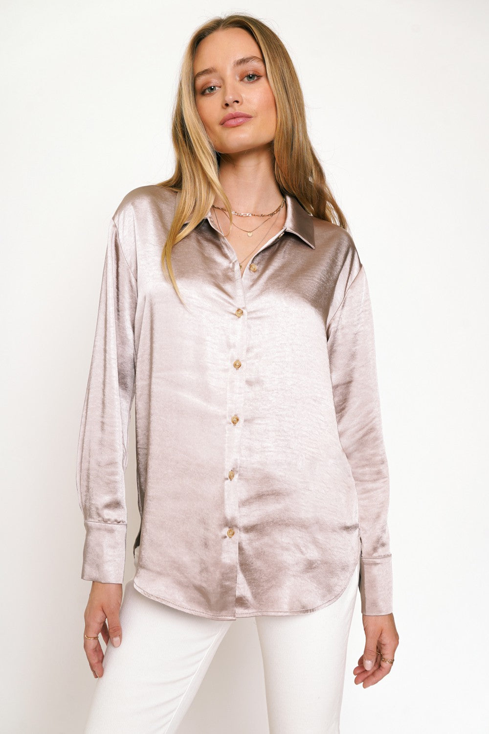 Happy Day Classic Double Satin Button Down Blouse - Ash