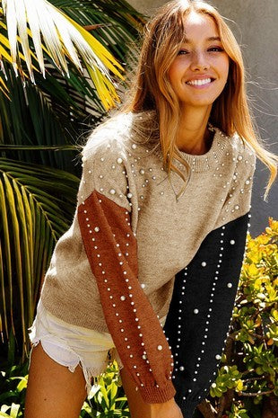 A Pearly Affair Pearl Beaded Color Block Sweater
