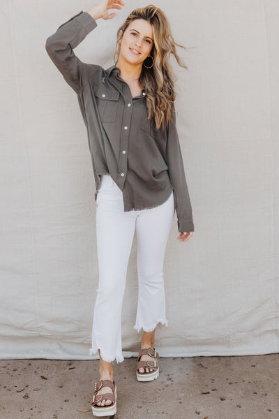 Love Grey Embroidered Button Down Shirt