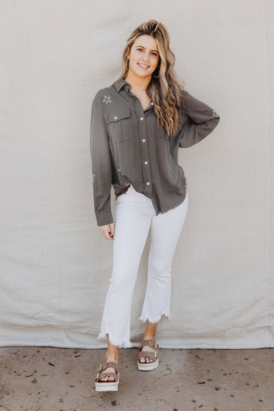 Love Grey Embroidered Button Down Shirt