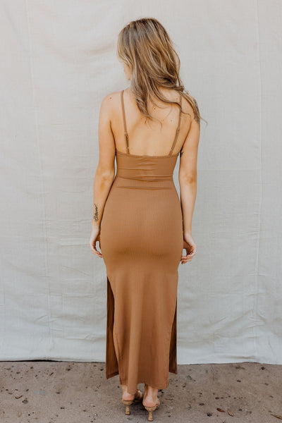 Center Of Attention Cut Out Tie Front Maxi Dress - Mocha