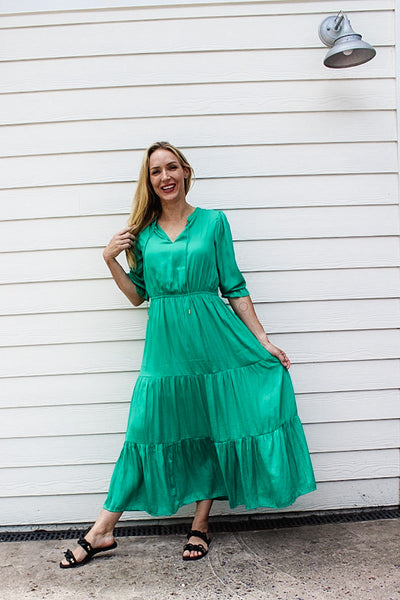 Shades Of Summer Ruffled Split Neck Maxi Dress Green