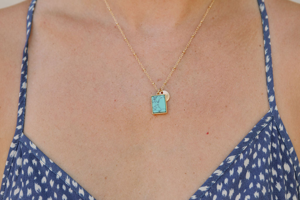 Turquoise Square Stone Charm Necklace