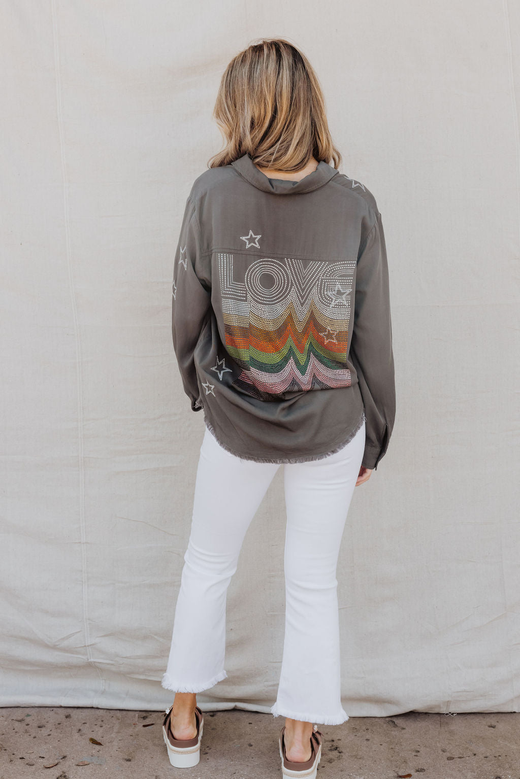 Love Grey Embroidered Button Down Shirt