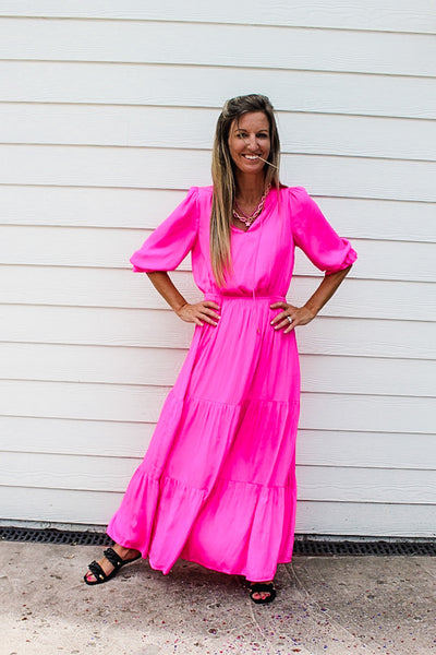 Shades Of Summer Ruffled Split Neck Maxi Dress Pink