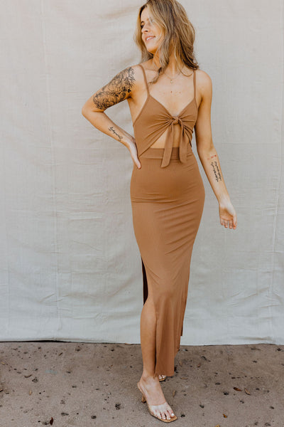 Center Of Attention Cut Out Tie Front Maxi Dress - Mocha