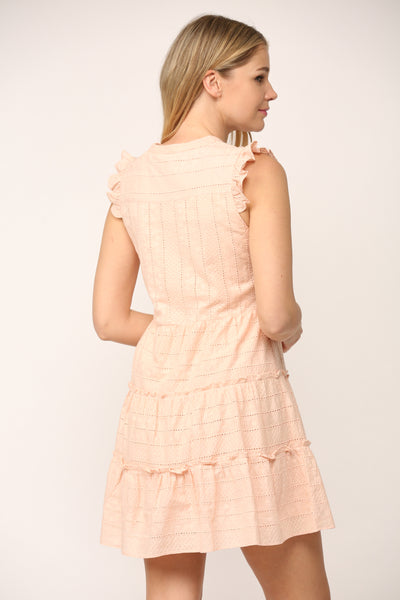 Just Peachy Broderie Split Neck Tiered Dress - Peach