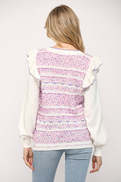 Ruffle Long Sleeve Knitted Sweater Top - Lavender