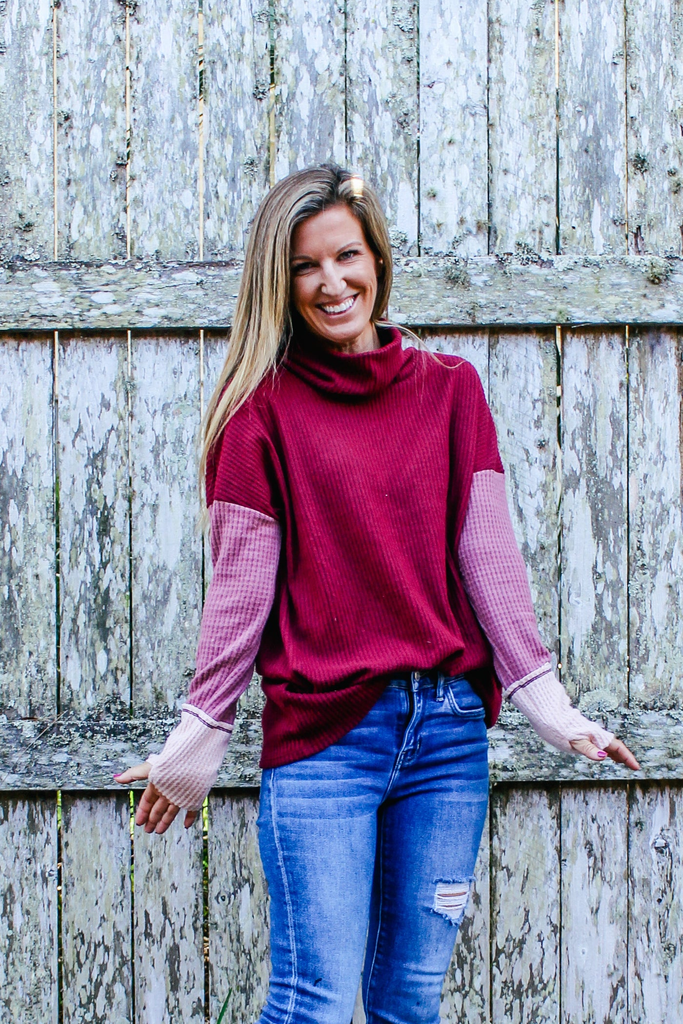 Casual Comfort Waffle Knit Color Block Top - Marsala