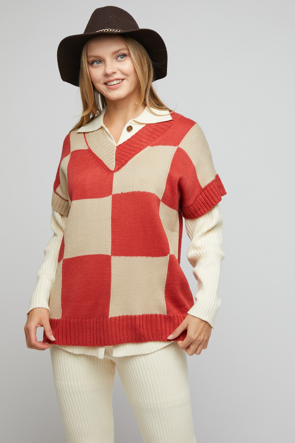 Checkered Pattern V Neck Sweater Top