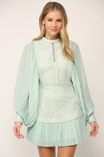 Special Occasion Pleated Lace Dress - Mint