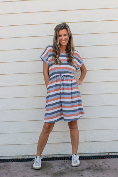 Womens Stripe Terry Tie Waist Mini Dress
