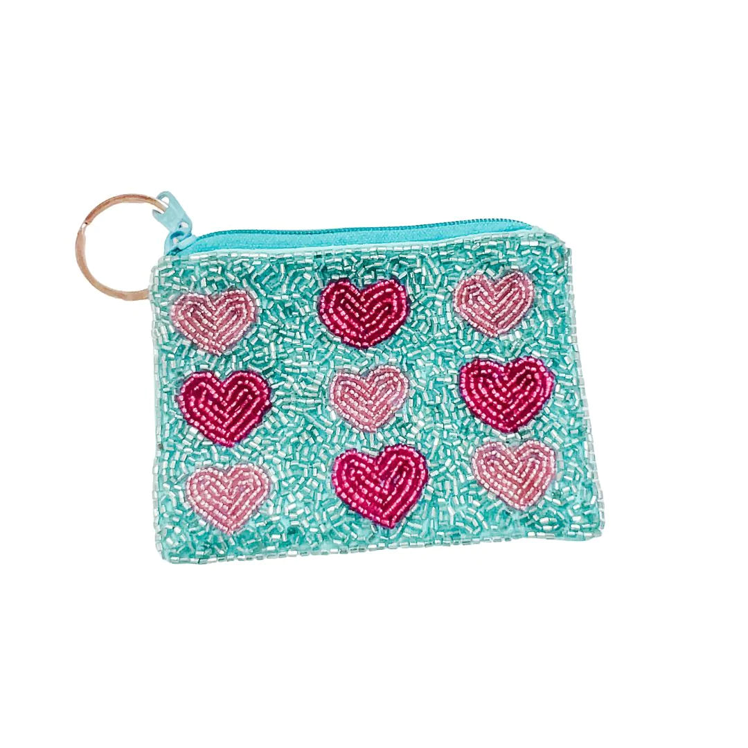 Multi Pink Heart Beaded Keychain Pouch