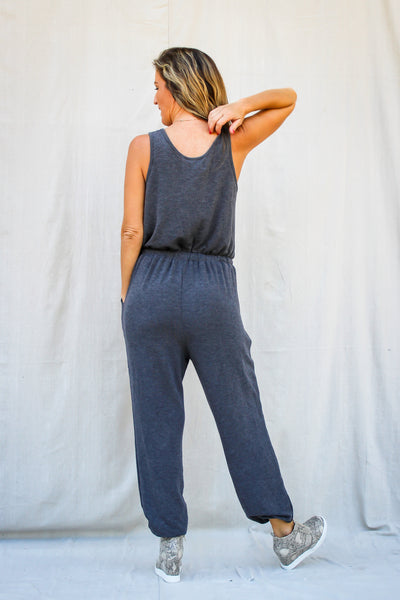 Lazy Days Heathered Charcoal Grey Tee Jumpsuit