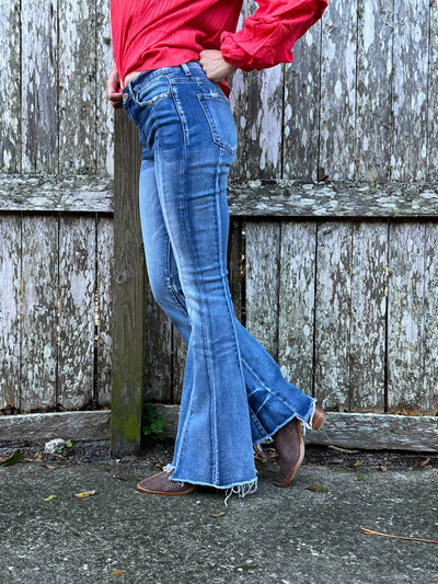 FLYING MONKEY HIGH RISE SUPER FLARE JEANS WITH UNEVEN HEM - NIGHT TRAIN