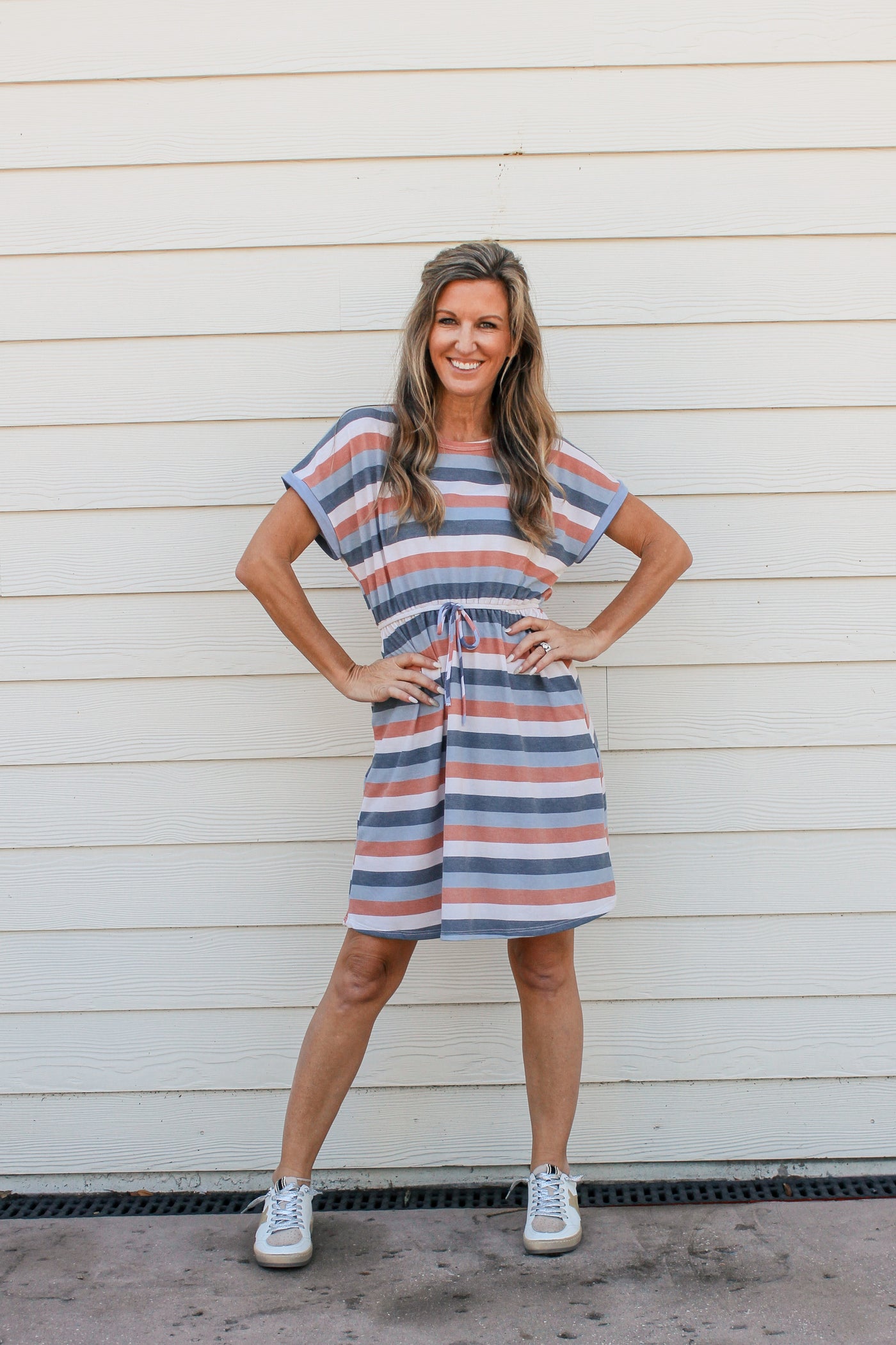Womens Stripe Terry Tie Waist Mini Dress