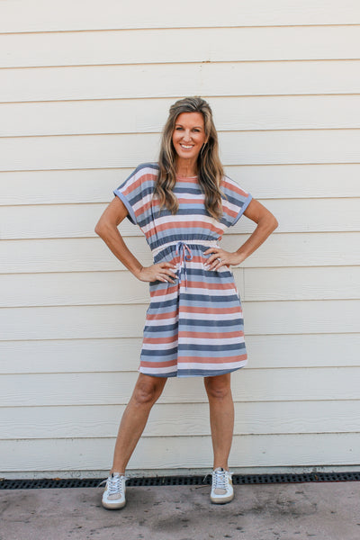 Womens Stripe Terry Tie Waist Mini Dress