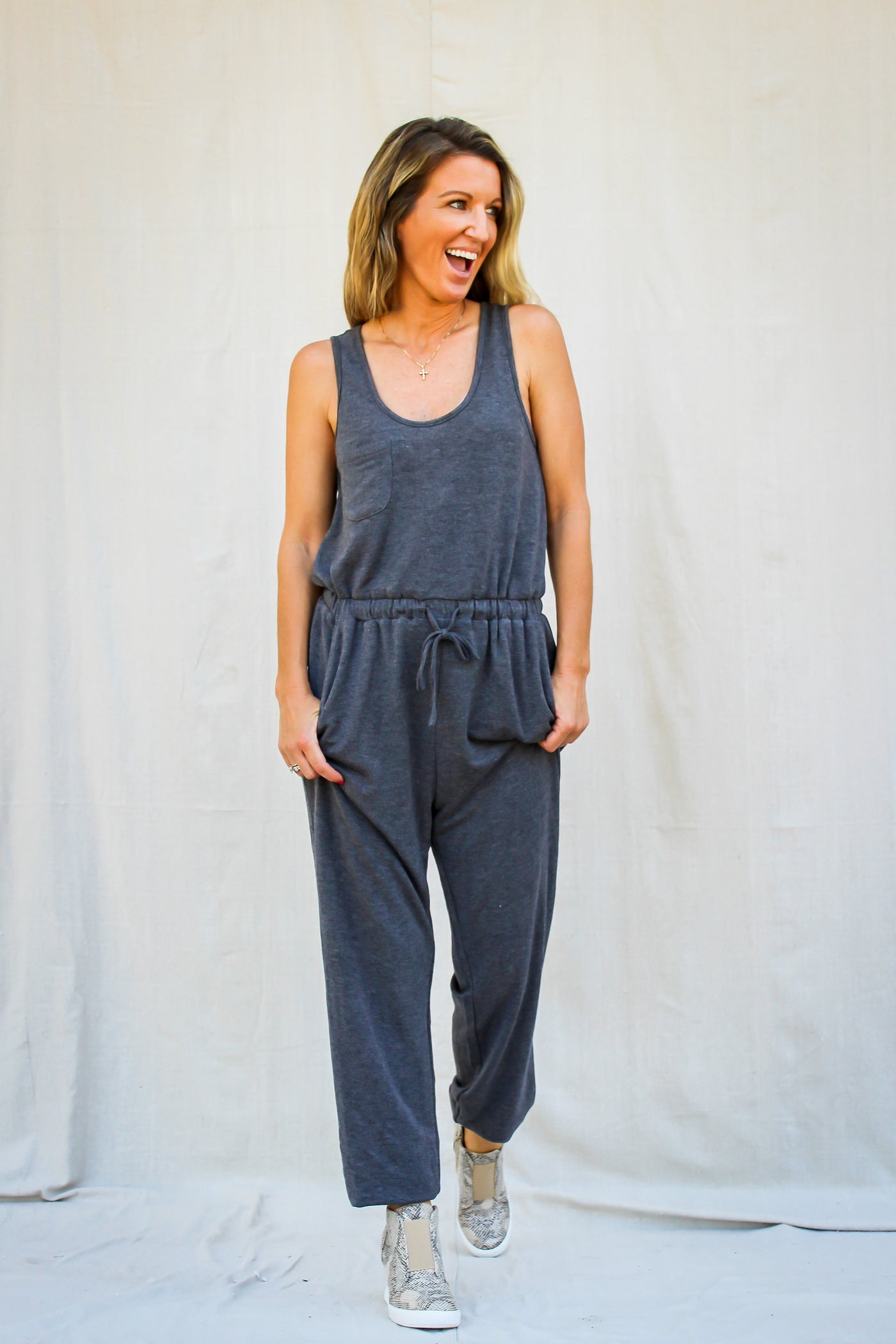 Lazy Days Heathered Charcoal Grey Tee Jumpsuit