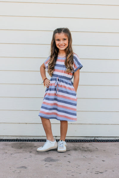 Girls Stripe Terry Tie Waist Mini Dress