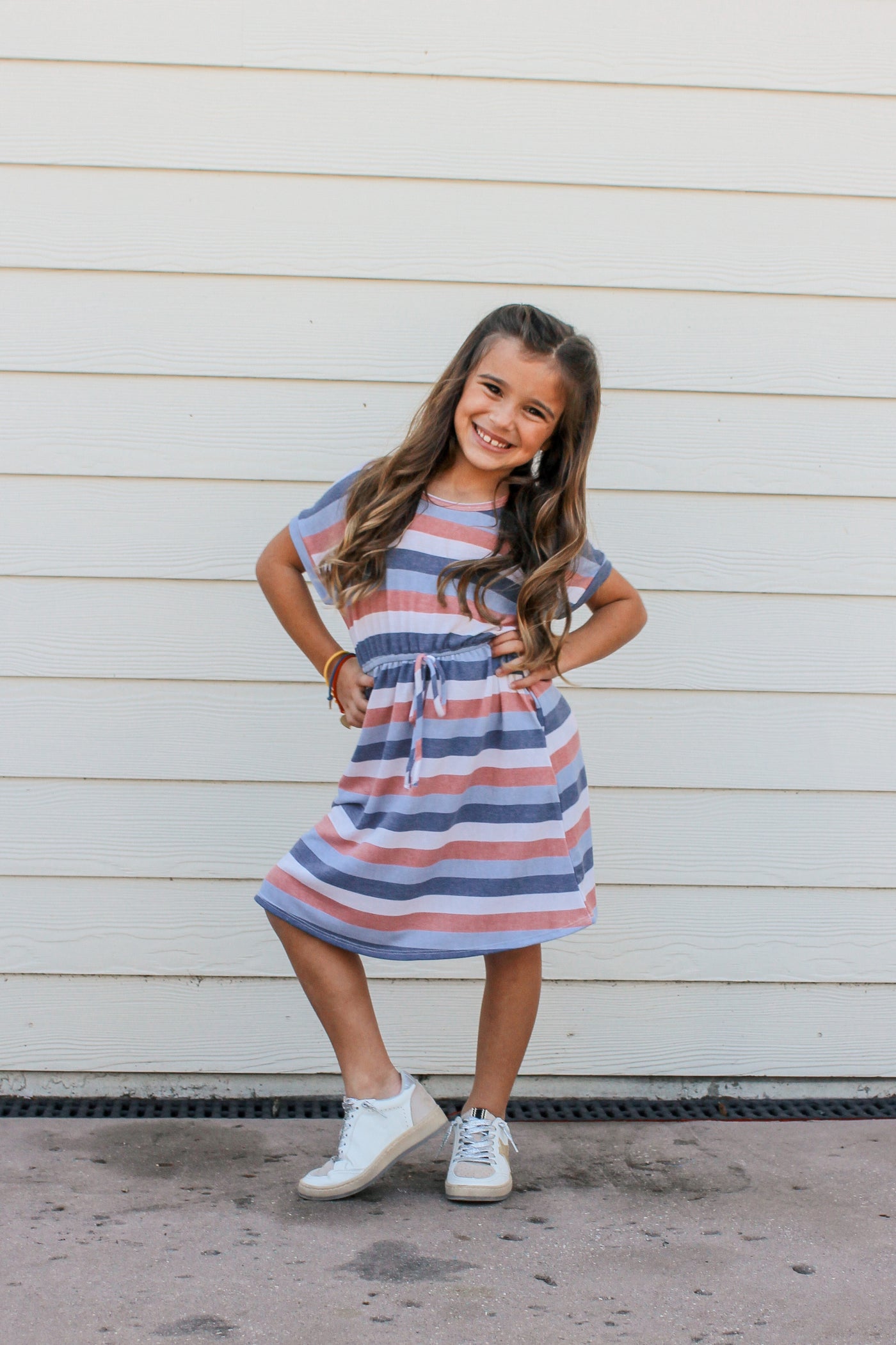 Girls Stripe Terry Tie Waist Mini Dress