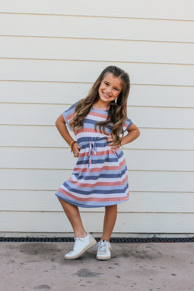 Girls Stripe Terry Tie Waist Mini Dress